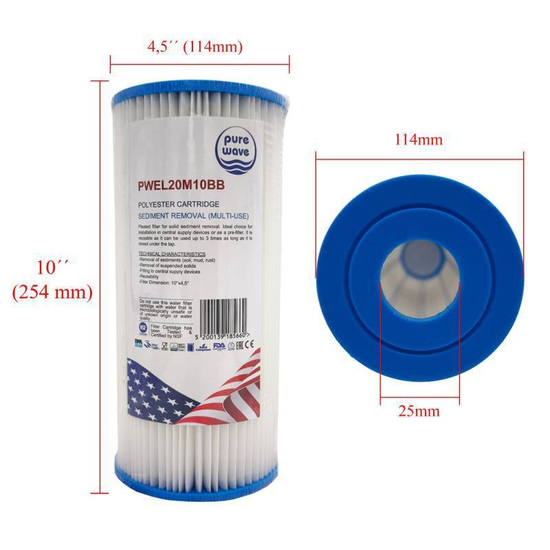 Πτυχωτό Φίλτρο Ιζημάτων Πολλαπλών Χρήσεων PWEL20M10BB Της Purewave